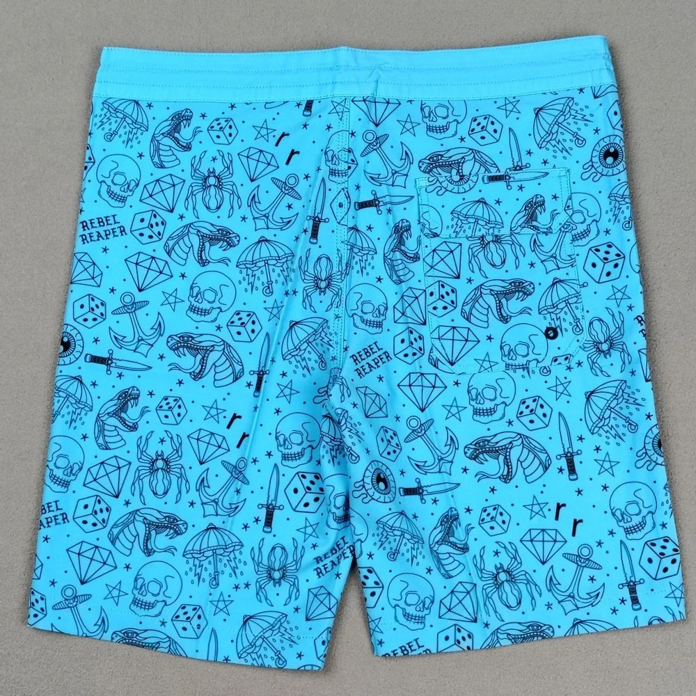 NEW Board Shorts Surf Swim Trunks Men XL Blue Tattoo‎ Biker Pockets Fast Drying